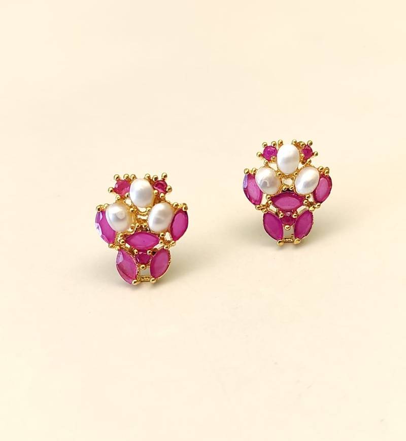 Certified natural freshwater pearls jewellery ruby & pearl stud earrings for women, gold-toned floral oval ruby stones.