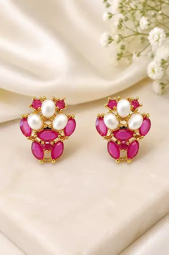 Certified natural freshwater pearls jewellery ruby & pearl stud earrings for women, gold-toned floral oval ruby stones.
