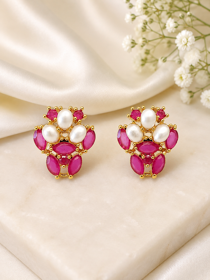 Certified natural freshwater pearls jewellery ruby & pearl stud earrings for women, gold-toned floral oval ruby stones.