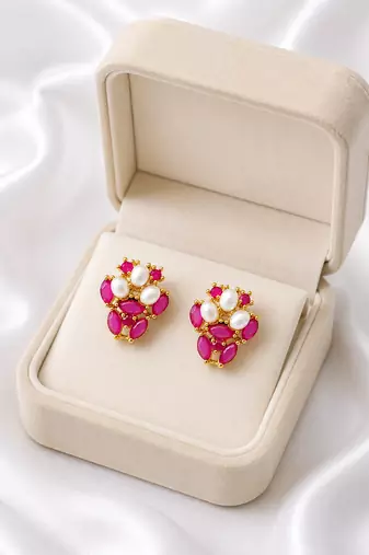 Certified natural freshwater pearls jewellery ruby & pearl stud earrings for women, gold-toned floral oval ruby stones.