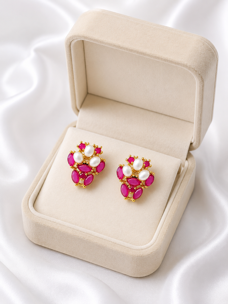 Certified natural freshwater pearls jewellery ruby & pearl stud earrings for women, gold-toned floral oval ruby stones.