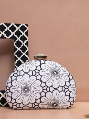 White and grey floral embroidery fabric clutch 1