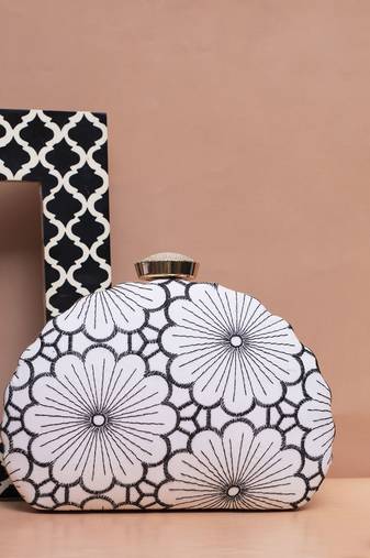 White and grey floral embroidery fabric clutch