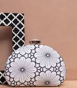 White and grey floral embroidery fabric clutch