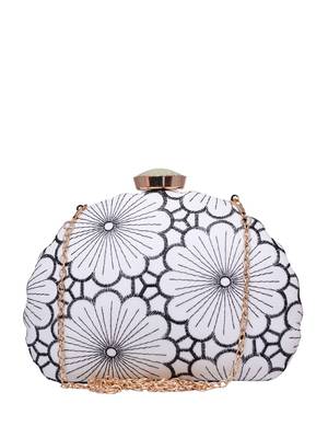 White and grey floral embroidery fabric clutch 2