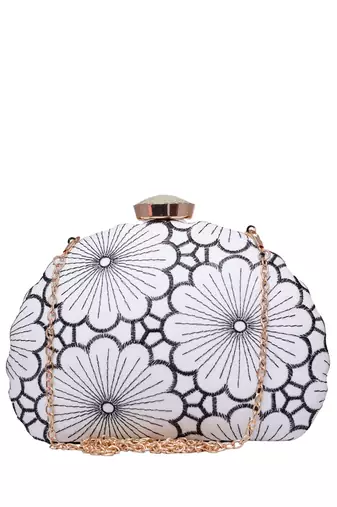 White and grey floral embroidery fabric clutch