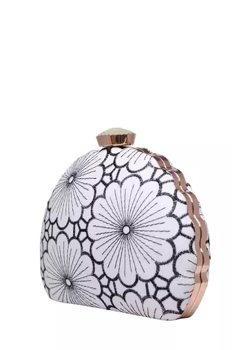 White and grey floral embroidery fabric clutch