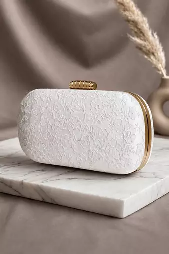 White floral thread embroidery clutch