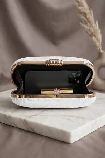 White floral thread embroidery clutch