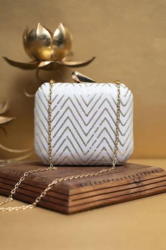 White sequins zigzag embroidery clutch