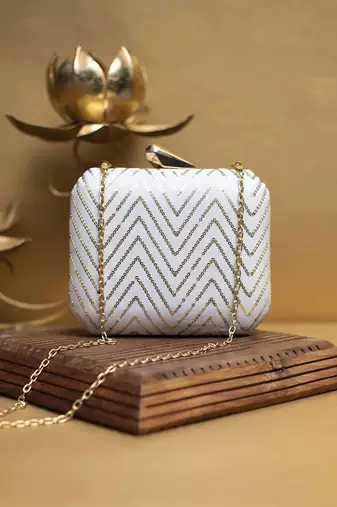 White sequins zigzag embroidery clutch
