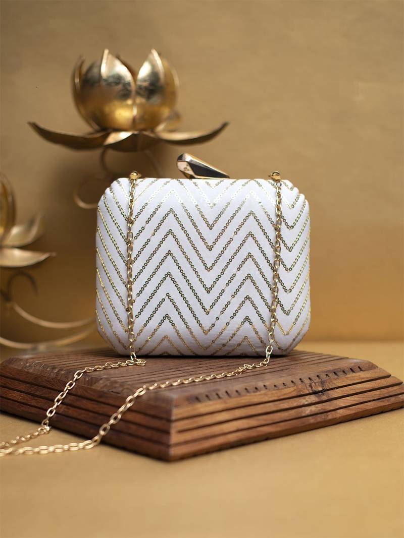 White sequins zigzag embroidery clutch