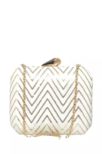 White sequins zigzag embroidery clutch