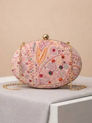 Pink printed oval clutch bag for women 2