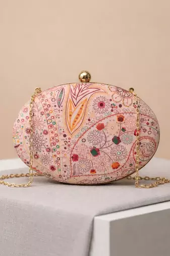 Pink printed oval clutch bag for women