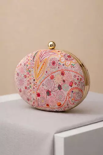Pink printed oval clutch bag for women