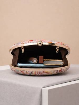 Pink printed oval clutch bag for women 4