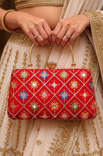 Red based sequins and threadwork embroidery clutch