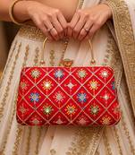 Red based sequins and threadwork embroidery clutch