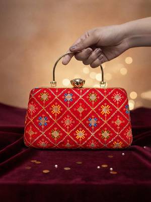 Red based sequins and threadwork embroidery clutch 2