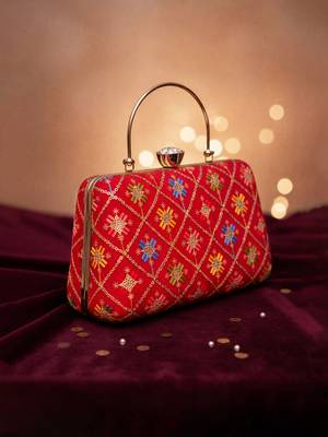 Red based sequins and threadwork embroidery clutch 3