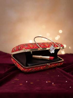 Red based sequins and threadwork embroidery clutch 4