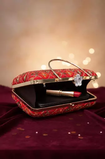 Red based sequins and threadwork embroidery clutch