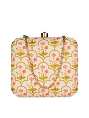 Yellow and pink patterned printed clutch bag for women 1