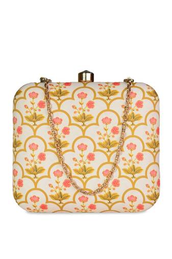 Yellow and pink patterned printed clutch bag for women