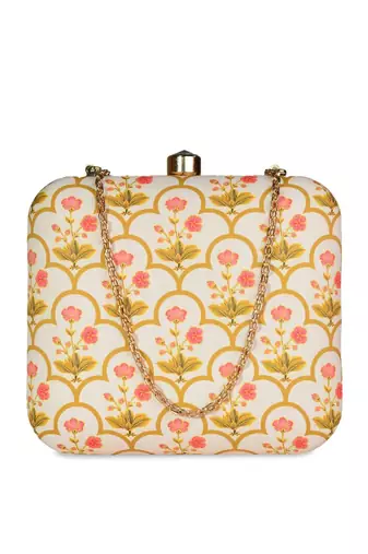 Yellow and pink patterned printed clutch bag for women