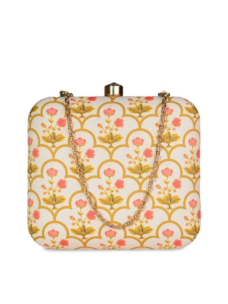 Yellow and pink patterned printed clutch bag for women