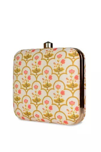 Yellow and pink patterned printed clutch bag for women