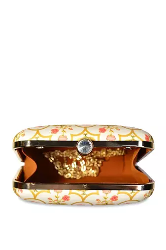 Yellow and pink patterned printed clutch bag for women