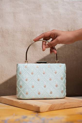 Sky blue floral and check embroidery clutch