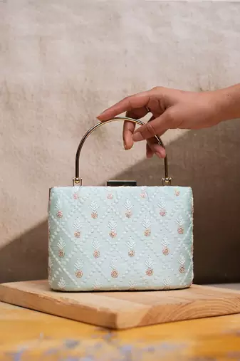 Sky blue floral and check embroidery clutch