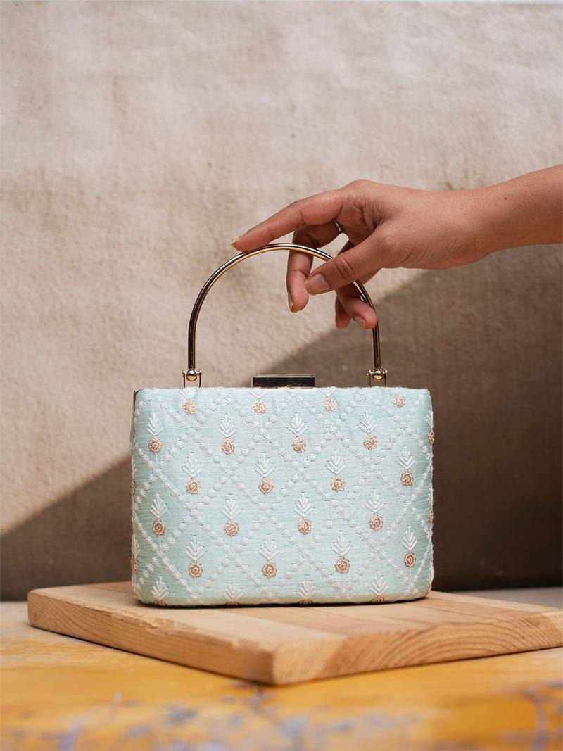 Sky blue floral and check embroidery clutch