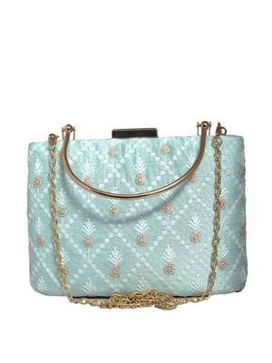 Sky blue floral and check embroidery clutch 2