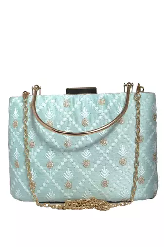 Sky blue floral and check embroidery clutch