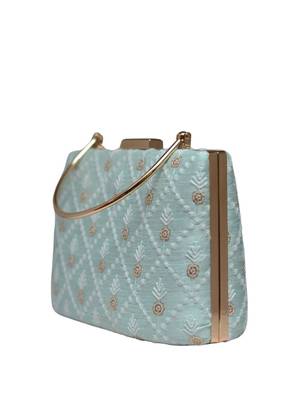 Sky blue floral and check embroidery clutch 3