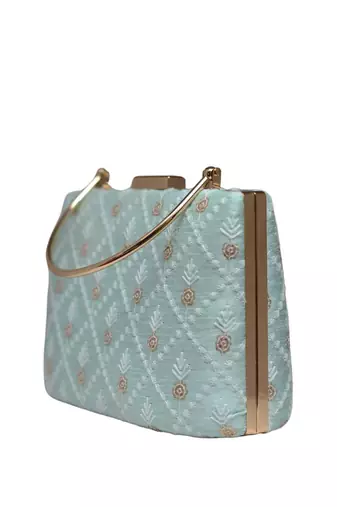 Sky blue floral and check embroidery clutch