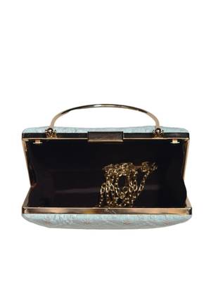 Sky blue floral and check embroidery clutch 4