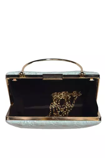 Sky blue floral and check embroidery clutch