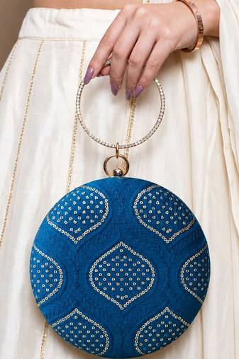 Blue based silver sequins and threadwork embroidery clutch