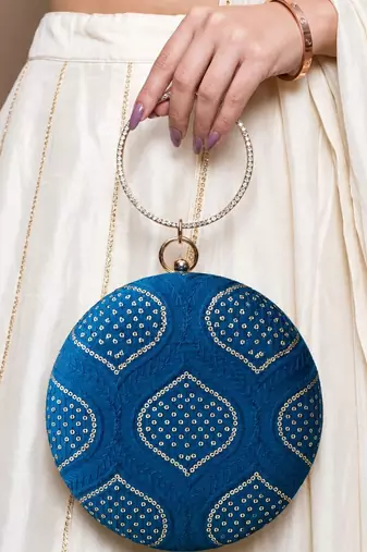Blue based silver sequins and threadwork embroidery clutch