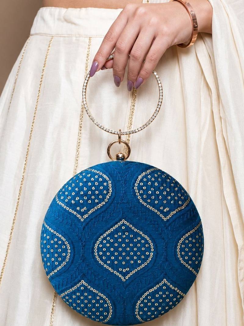Blue based silver sequins and threadwork embroidery clutch