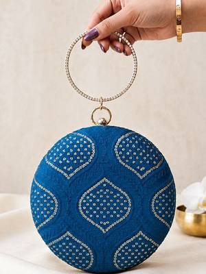 Blue based silver sequins and threadwork embroidery clutch 2