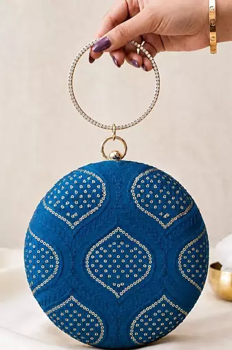 Blue based silver sequins and threadwork embroidery clutch