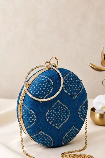 Blue based silver sequins and threadwork embroidery clutch