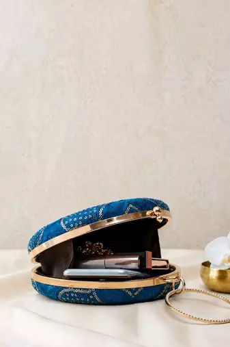 Blue based silver sequins and threadwork embroidery clutch