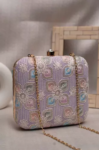 Lavender floral thread embroidery clutch